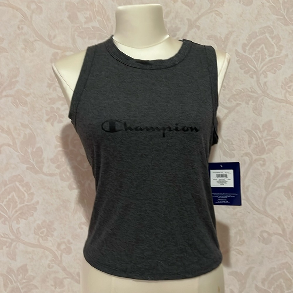 NWT, charcoal grey Champion tank top w/ black ‘Champion’ logo across the chest.